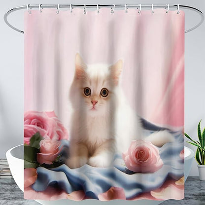 AILONEN 3D Beautiful Cat Shower Curtain,Kawaii Kitten Shower Curtain Set for Kids Boys Girls,Cat Lovers Animal Shower Curtain for Bathroom,Pink Rose Bath Curtain with Hooks,72" W*84" H