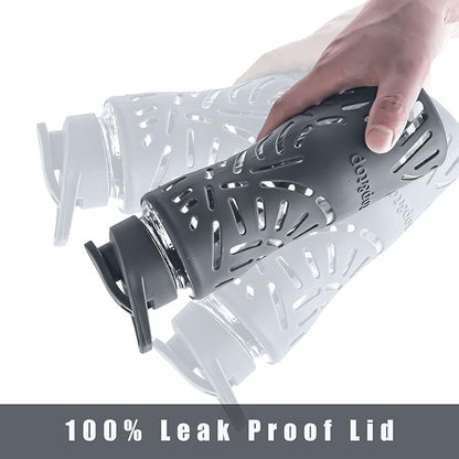 25oz Glass Water Bottles with Silicone Sleeve, 3 Different Lids (BPA Free) for Wide Mouth Glass Drink Bottles for Fitness and Outdoor (Grey)