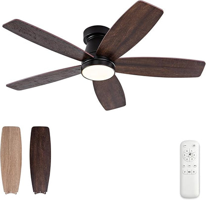 42 inch Ceiling Fans with Lights and Remote,Flush Mount Black Ceiling Fan,Memory Fuction Reversible Quiet DC Motor Low Profile Ceiling Fans For Living Room Bedroom Indoor Outdoor(Black&Walnut)