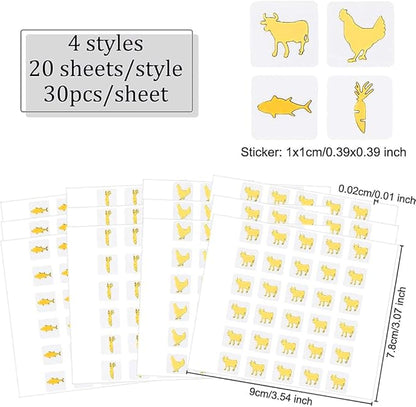 OLYCRAFT 2400Pcs 4 Styles Gold Meal Stickers 0.4 inch Cow/Fish/Chicken/Carrot Meal Choice Stickers Place Card Stickers Wedding Banquet Meal Indicator Stickers for Kitchen Sticker