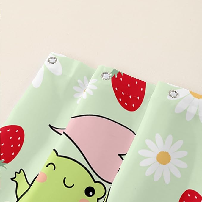 AILONEN Cute Frog Shower Curtain for Bathroom, Kawaii Strawberry and Frog Bath Curtain,Mushroom Frog Kids Girls Waterproof Curtain with 12 Plastic Hooks(60" W*72" H)