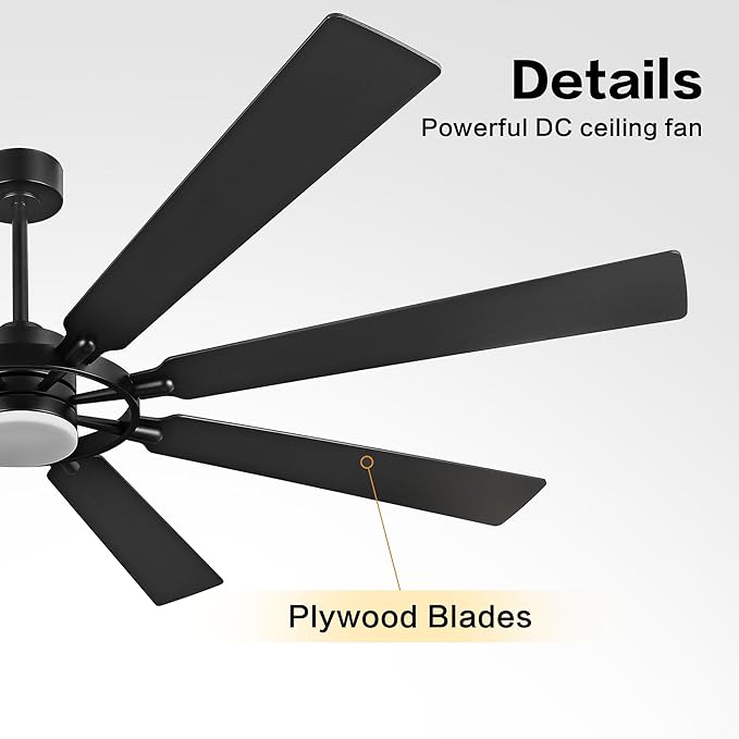 72" Ceiling Fan with Lights and Remote Control, Wood 8 Blades 6-Speed Noiseless Reversible DC Motor, 3 Downrods, Modern Large Ceiling fan for Covered Patio Bedroom Dining Living Room, Black