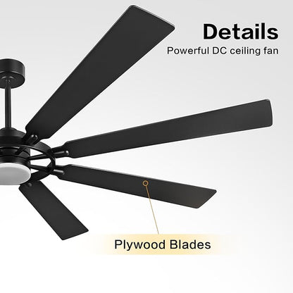 72" Ceiling Fan with Lights and Remote Control, Wood 8 Blades 6-Speed Noiseless Reversible DC Motor, 3 Downrods, Modern Large Ceiling fan for Covered Patio Bedroom Dining Living Room, Black