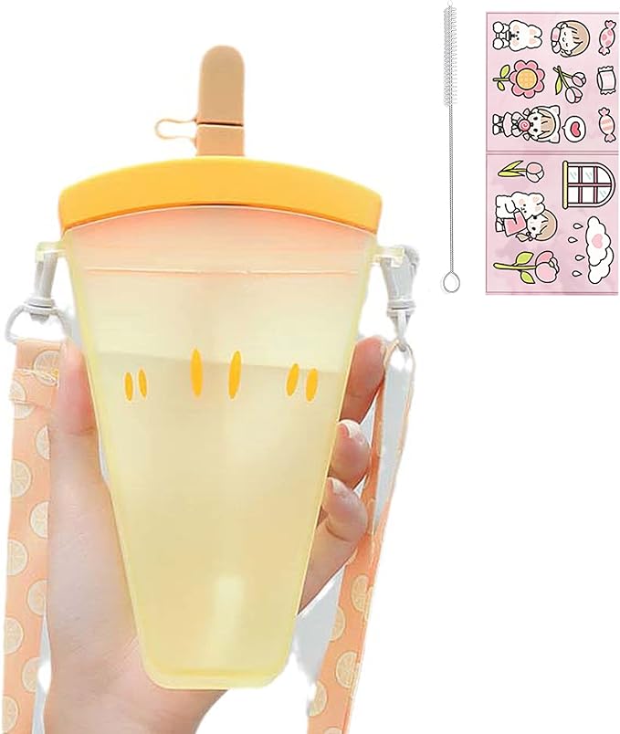 Travel Cup with Straw Birthday Party Gift Picnic Ice Water Bottle Travel Mug with Strap (Ice Cream Orange, 320 ml)