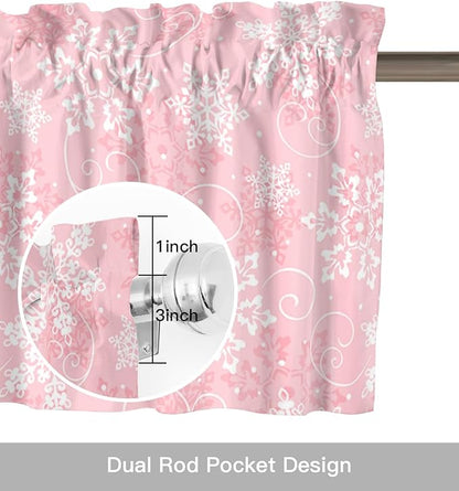 Christmas Valance Curtains for Kitchen Windows Pink White Snowflakes Pattern Rod Pocket Window Treatment Toppers for Kitchen/Living Room/Bedroom/Bathroom, 42" X 18", Winter