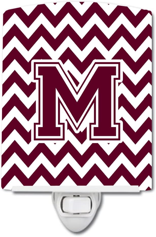 Caroline's Treasures CJ1051-MCNL Letter M Chevron Maroon and White Ceramic Night Light Compact, UL-Certified, Ideal for Bedroom, Bathroom, Nursery, Hallway, Kitchen, 6x4x3, Multicolor