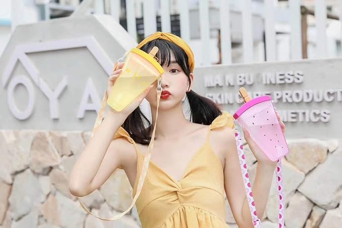 Travel Cup with Straw Birthday Party Gift Picnic Ice Water Bottle Travel Mug with Strap (Ice Cream Orange, 320 ml)