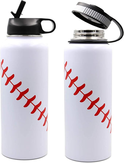 40 oz Baseball Water Bottle, Sports Flask Metal Travel Tumbler with 2 Lids 18/8 Stainless Steel Double Wall Vacuum Insulated Hot/Cold (40oz, White baseball)