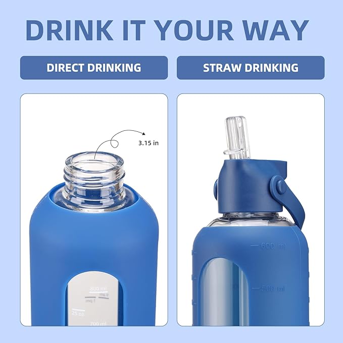 20 oz Glass Water Bottles with Straw Borosilicate Glass Water Bottle with Time Marker Motivational Water Bottles with Silicone Sleeve Leak Proof Reusable BPA Free