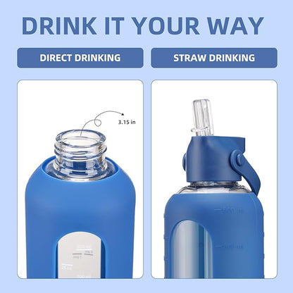 20 oz Glass Water Bottles with Straw Borosilicate Glass Water Bottle with Time Marker Motivational Water Bottles with Silicone Sleeve Leak Proof Reusable BPA Free