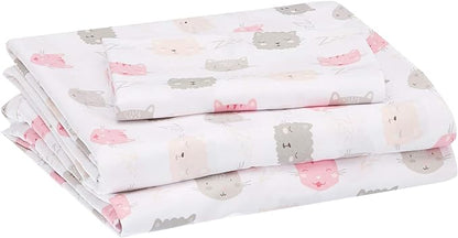 Amazon Basics Kid's Soft, Easy-Wash Microfiber 3-Piece Sheet Set, Twin, Peony Pink Kitties, Animal Print