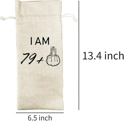79 + 1 Middle Finger 80th Birthday Gift Wine Bags, Personalized Bday Gift Ideas for Men Women, 80th Birthday Party Decorations, Cotton Burlap Drawstring Wine Bag, Funny Gifts for Mom Dad Friends