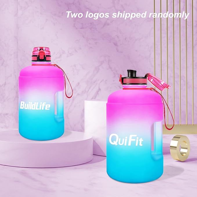 QuiFit 1 Gallon Water Bottle - 128 oz Water Bottle with Times to Drink - BPA Free Motivational Water Bottle with Infuser - Large Water Bottle - Sports Water Bottle 1 Gallon in Gym(Pink/Blue, 1 Gallon)