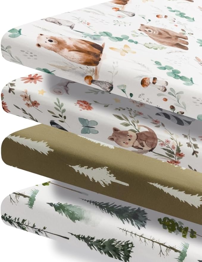 4 Pack N Play Sheets Woodland Forest Animals Wood Neutral Unisex Fitted Baby N Play Sheets Fitted for Standard Pack and Plays and Mini Cribs Set for Baby Boys or Girls (Cartoon Beer)