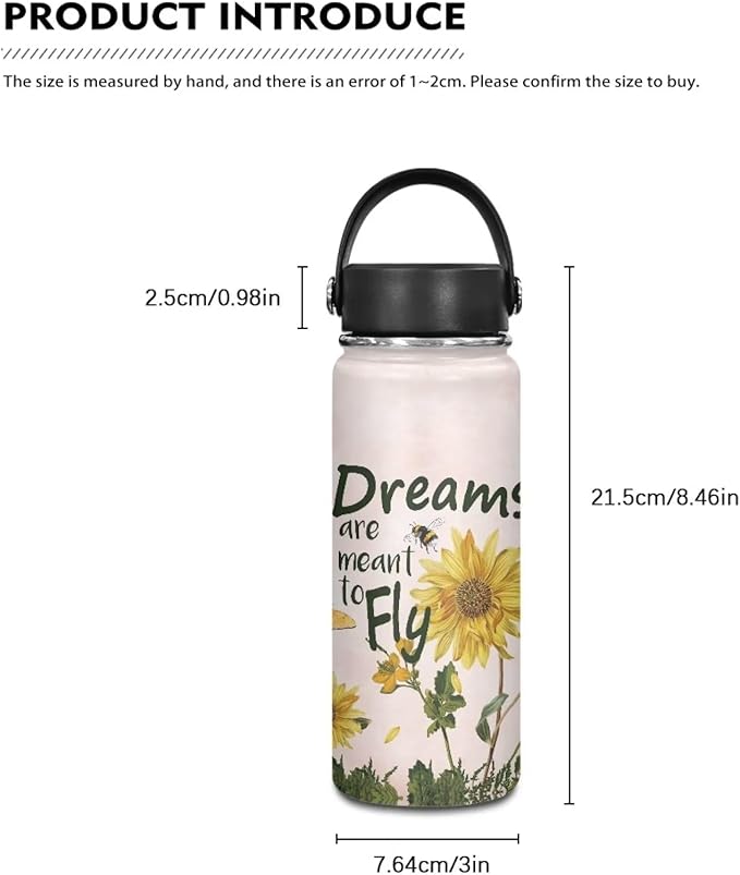 Sunflower Water Bottle 20 Oz Insulated Water Bottles with Handle Flask Wide Mouth Bottle Vacuum Stainless Steel Metal Water Bottle for Sports, Gym, Office