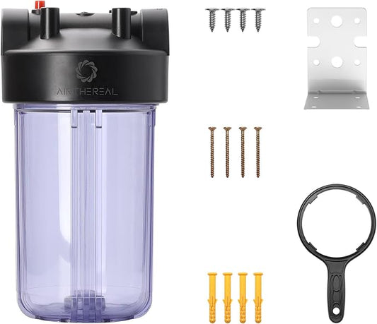 Airthereal Whole House Water Filter Housing, 10" x 4.5" Sediment Carbon Cartridge Universal Housing, Pre-Filtration System for Well and City Water, (Clear Housing)