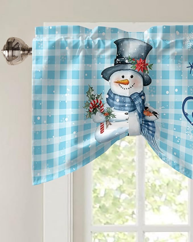Snowman Christmas Blackout Tie Up Valance Curtains for Kitchen Windows Let It Snow Winter Holiday Window Toppers Balloon Shades for Living Room/Bath/Bedroom,1 Panel, 54" X 18",Blue White Buffalo Plaid