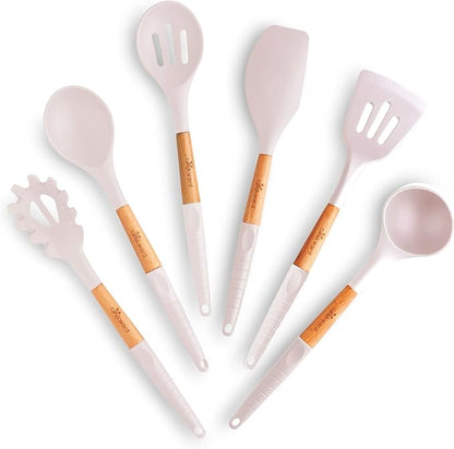 Silicone Cooking Utensils Set (6 pcs) Natural Wood Kitchen Utensils – Eco Friendly & BPA Free, Non-Scratch & Non-Stick Easy Grip -White