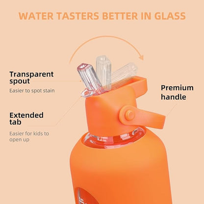 20 oz Glass Water Bottles with Straw Borosilicate Glass Water Bottle with Time Marker Motivational Water Bottles with Silicone Sleeve Leak Proof Reusable BPA Free