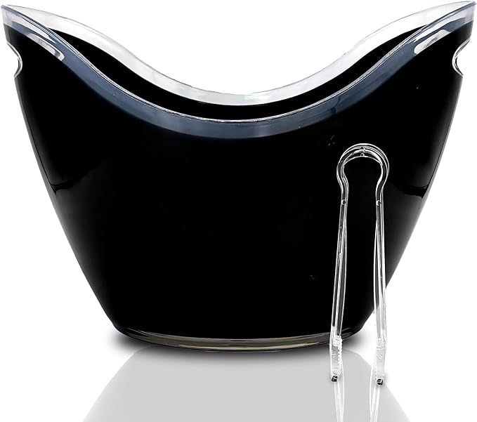 Acrylic Ice Bucket with tongs, Ice Bucket for Parties, Party Supply, Ice Bucket for Cocktail Bar, Champagne Bucket, Tub for Beer, Sparkling Wine, Cocktails, or Ice Cream., Large, Black