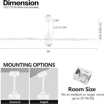 80" Ceiling Fan with Lights and Remote Control, Wood 8 Blades 6-Speed Noiseless Reversible DC Motor, 3 Downrods, Modern Large Ceiling fan for Covered Patio Bedroom Living Room Office, White