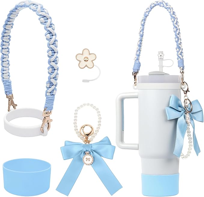 BELSITA Stanley Cup Accessories Set, Bow Pearl Chain Braided Design Water Bottle Handle Strap, Silicone Stanley Cup Boot, Stanley Charms for Stanley Cup 30/40oz Tumble (Blue)