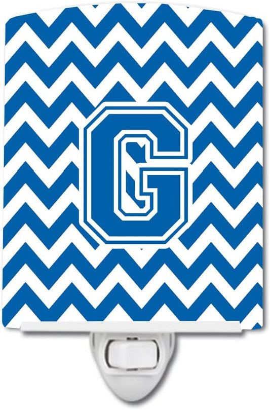 Caroline's Treasures CJ1056-GCNL Letter G Chevron Blue and White Ceramic Night Light Compact, UL-Certified, Ideal for Bedroom, Bathroom, Nursery, Hallway, Kitchen, 6x4x3, Multicolor