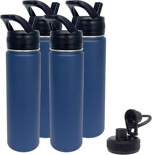 4pack 22 oz Insulated Water Bottle With Straw, Stainless Steel Sports Water Cup Flask with 2 Lids, Wide Mouth Travel Thermal Mug,Navy