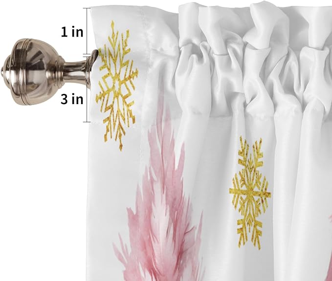 Pink Xmas Tree Window Valance for Bedroom Living Room, Gold Snowflake Christmas Window Curtain for Kitchen Bathroom, Pink Christmas Window Valance Rod Pocket Window Treatment, 54" W x 18" L