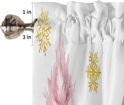 Pink Xmas Tree Window Valance for Bedroom Living Room, Gold Snowflake Christmas Window Curtain for Kitchen Bathroom, Pink Christmas Window Valance Rod Pocket Window Treatment, 54" W x 18" L