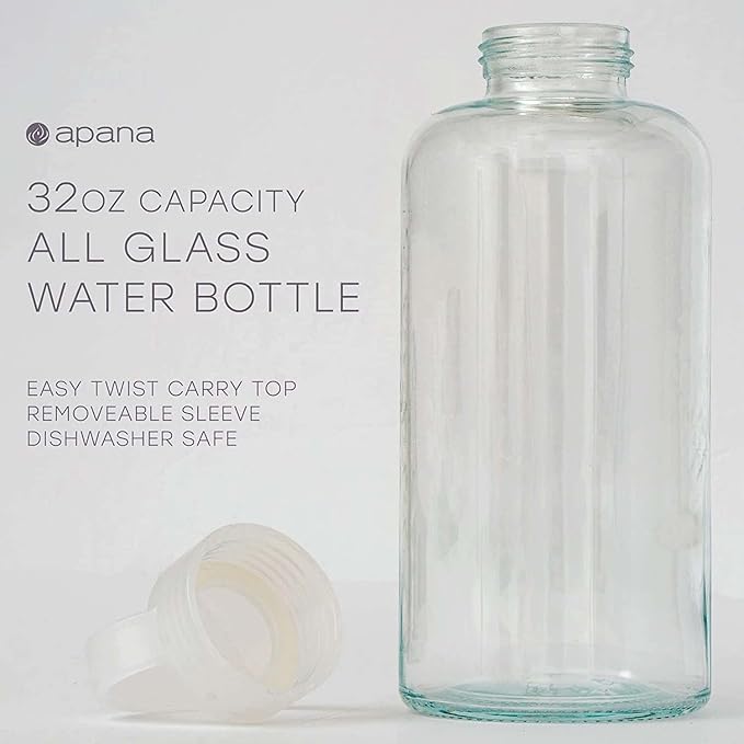 Apana Yoga Glass Water Bottles BPA Free Non Slip Sleeve Leak Proof Lid Reusable 32 Oz Sports Water Bottle Wide Mouth Lid Portable Hydration Tumbler