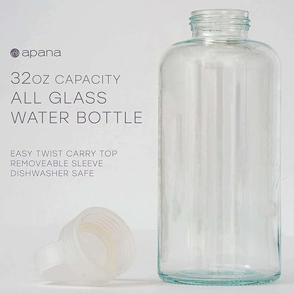 Apana Yoga Glass Water Bottles BPA Free Non Slip Sleeve Leak Proof Lid Reusable 32 Oz Sports Water Bottle Wide Mouth Lid Portable Hydration Tumbler
