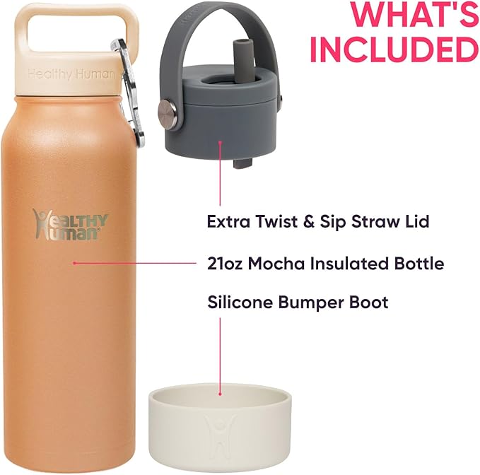 21oz Healthy Human Bottle Bundle with Insulated Bottle, Straw Lid & Bumper Boot - 21oz Mocha