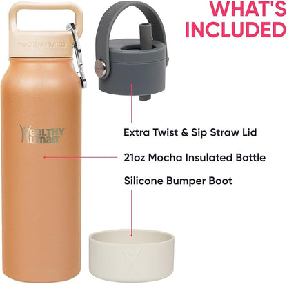 21oz Healthy Human Bottle Bundle with Insulated Bottle, Straw Lid & Bumper Boot - 21oz Mocha