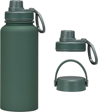 Dark Green 32 OZ Insulated Water Bottle, Forest Green Large Metal Insulated Stainless Steel Water Flask, Big Sports Travel Water Bottle with 2 Lids, Insulated Thermos Thermal Mug Cup