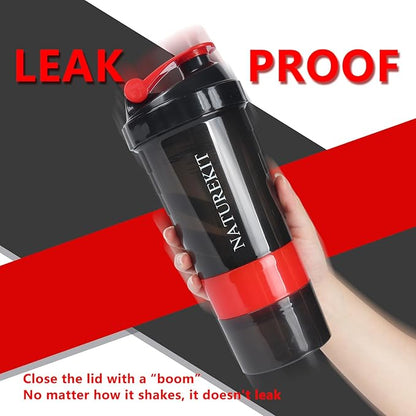 Shaker Bottle,Protein Shaker with Powder Storage Container 18oz, Leak Proof, Gym Bottle Portable Pre Workout for Mix & Drink Shakes & Smoothies,Dishwasher Safe,BPA Free,Red