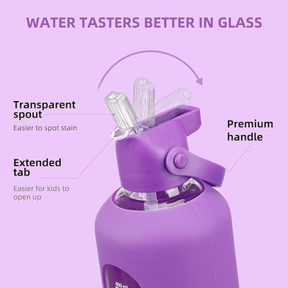 20 oz Glass Water Bottles with Straw Borosilicate Glass Water Bottle with Time Marker Motivational Water Bottles with Silicone Sleeve Leak Proof Reusable BPA Free
