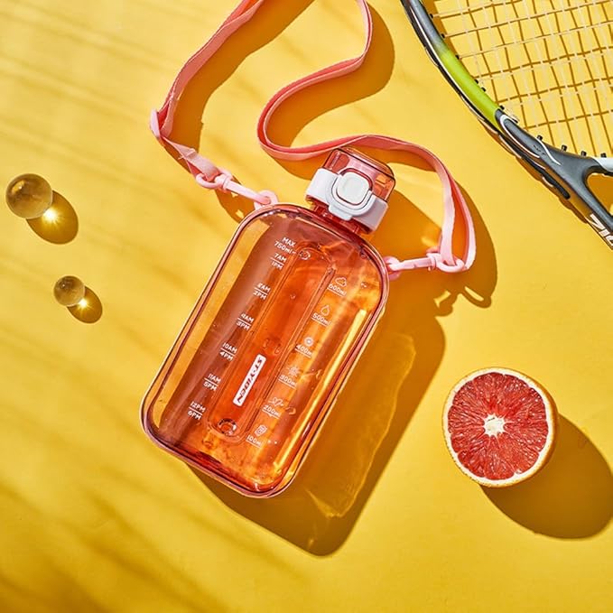 750ML Square Transparent Water Bottle, Cute Sports Water Jug with Adjustable Strap, Portable Motivational Water Bolttles for Travel, Hiking and Outdoor Workouts