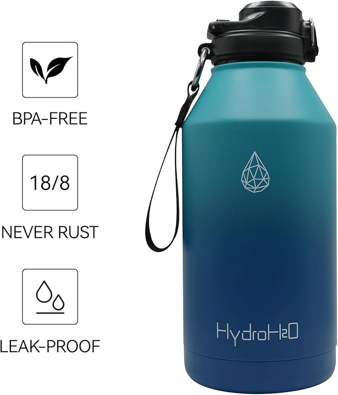 64 oz Insulated Water Bottle With Straw Pop-up & Auto Spout Lid, Flex Handel, Waterbottle Strap Carrier, Half Gallon Stainless Steel Water bottle (Green-Blue Gradient)