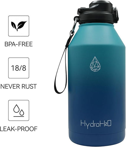 64 oz Insulated Water Bottle With Straw Pop-up & Auto Spout Lid, Flex Handel, Waterbottle Strap Carrier, Half Gallon Stainless Steel Water bottle (Green-Blue Gradient)