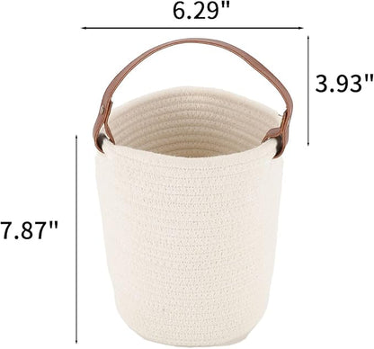 Hanging Basket(2Piece) Wall Woven Cotton Rope Storage Basket with Leather Decorative Baskets Organizer for Kitchen Office Bedroom,Plants,Towels, Toys