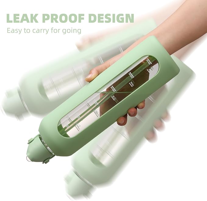 32 oz Glass Water Bottles with Straw Borosilicate Glass Water Bottle with Time Marker Motivational Water Bottles with Silicone Sleeve Leak Proof Reusable BPA Free