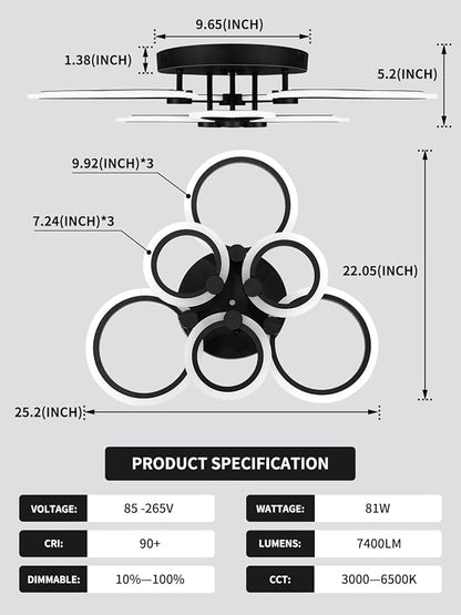 Modern LED Ceiling Light,Dimmable 6 Rings Flush Mount Ceiling Light Fixtures,3000K-6500K 81W Ring Ceiling Lamp with Remote for Bedroom,Dining Room,Living Room,Black