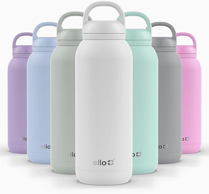 Ello Cooper Twist 40oz Stainless Steel Water Bottle with Chug Lid | Leak Proof | Double Walled and Vacuum Insulated | Built in Carry Loop | Dishwasher Safe | White