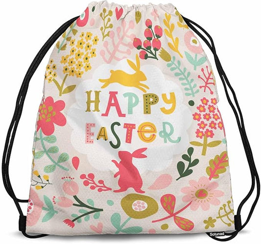 Drawstring Backpack Happy Easter Lightweight Gym Backpack Surrounding by Rabbits Pink Yellow Flower Red Berry Green Leaf for Women Men 14x16.9 Inch