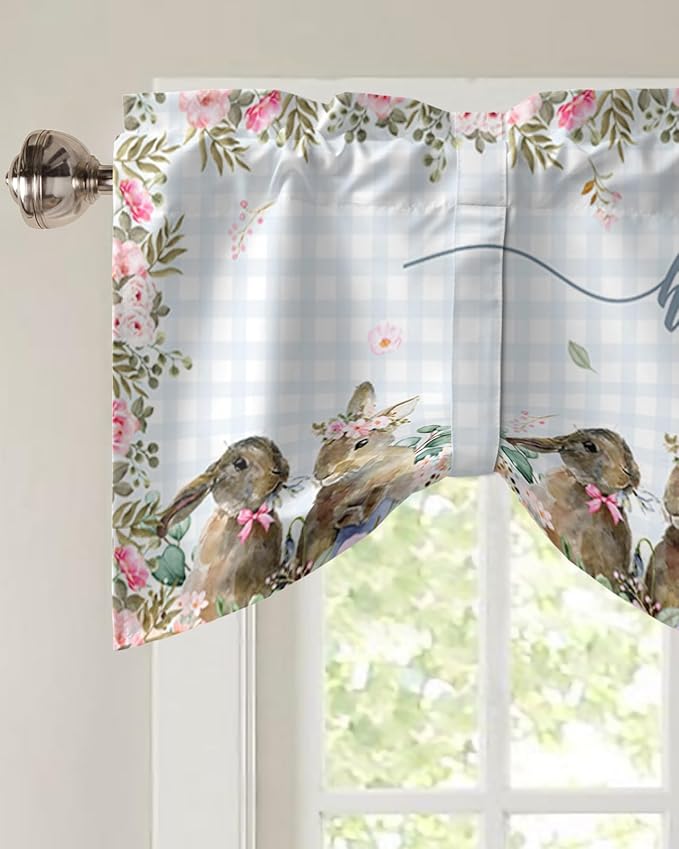 Rabbits Flowers Easter Blackout Tie Up Valance Curtains for Kitchen Windows Eucalyptus Leaf Spring SummerWindow Toppers Balloon Shades for Living Room/Bathroom/Bedroom,1 Panel, 60" X 18",Buffalo Plaid
