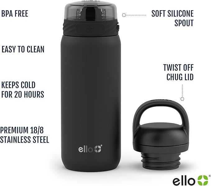 Ello Cooper 18oz Kids Stainless Steel Water Bottle with 2 Lids Chug and Straw | Leak Proof Double Wall Vacuum Insulated | Fits Car Cupholder | Built in Carry Loop | Dishwasher Safe | Bubblegum Pink