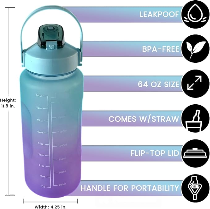 64 oz Motivational Water Bottle, Sports Water Bottle, Outdoors (Blue/Orange)