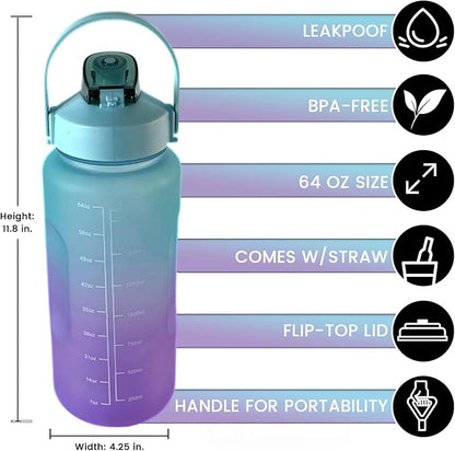64 oz Motivational Water Bottle, Sports Water Bottle, Outdoors (Blue/Orange)