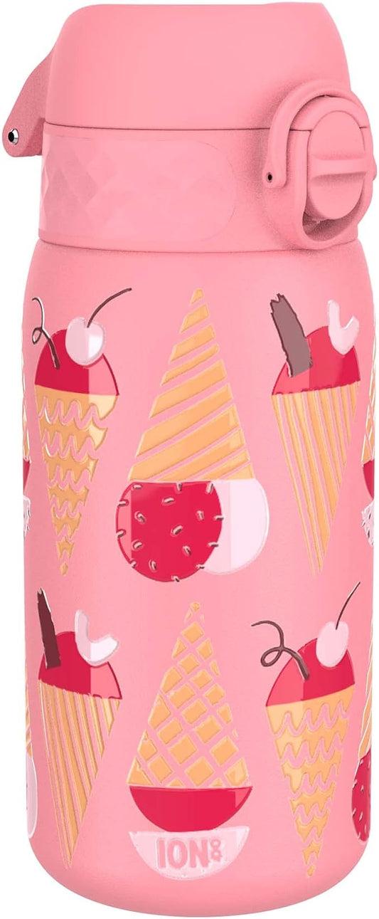 Ion8 Kids Water Bottle, Steel 400 ml/13 oz, Leak Proof, Easy to Open, Secure Lock, Dishwasher Safe, Flip Cover, Carry Handle, Easy Clean, Durable, Scratch Resistant, Raised Print, Ice Creams Design